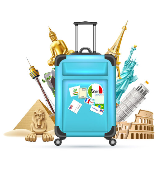 Variety illustrations historical antiquities in front of suitcase that refer to travel